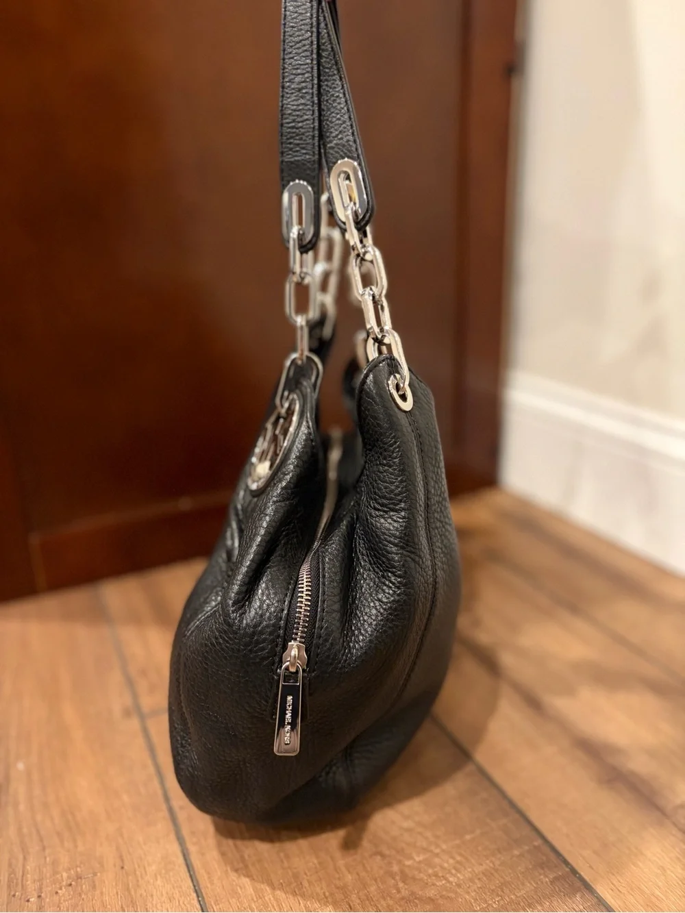 Michael Kors Black Pebbled Leather Hobo with Silver Chain Handles